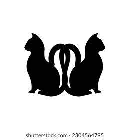 Two happy cats silhouettes. Simple ink drawing sitting cats cute vector illustration. Doodle animals icons minimalistic line art.