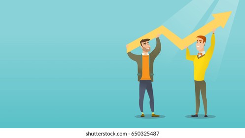 Two happy caucasain businessmen holding business growth graph. Successful business people carrying graph indicating growth. Business growth concept. Vector flat design illustration. Horizontal layout.