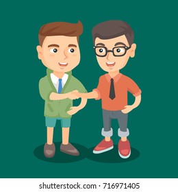 Two happy caucasian boys dressed in business suits shaking hands. Two cheerful little business partners shaking hands. Vector cartoon illustration. Square layout.