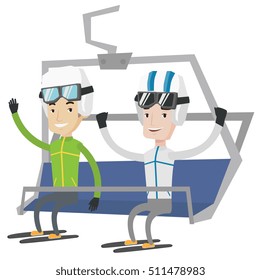 Dos alegres hombres caucásicos sentados en el elevador de esquí. Esquiadores sonrientes que utilizan el teleférico en la estación de esquí. Esquiadores por cable en el complejo deportivo de invierno. Ilustración de diseño plana vectorial aislada en fondo blanco.