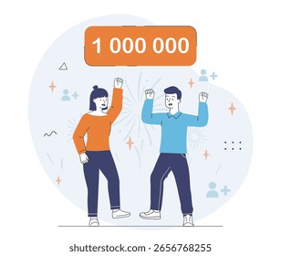 Zwei fröhliche Charaktere, die mit erhobenen Händen unter einem Banner feiern, das 1.000.000, einen flachen Cartoon-Grafikstil auf hellabstraktem Hintergrund zeigt. Konzept der Leistung. Vektorgrafik