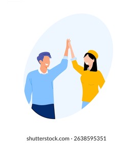 Two happy characters are delighted with the success of their teamwork.