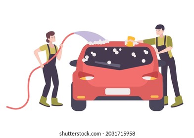 Two happy characters in uniform washing car with soap flat vector illustration