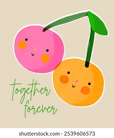 Two Happy Cherries On A Beige Background. Baby Shower Vector Card. Cute Twin Cherries. Together Forever. Infantile Drawing-like Hand Drawn Friendly Fruits. Nursery Art. Friendship Day Card. RGB.