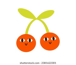 Two happy cherries on branch. Cute comic character berry smiling face emotion. Vector illustration