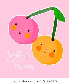 Dos Cerezas Felices Sobre Un Fondo Rosa Pastel. Tarjeta del Vector de la ducha del bebé. Lindas cerezas gemelas. Juntos Para Siempre. Frutas amistosas dibujadas a mano como dibujo infantil. Tarjeta del Día de la Amistad. RGB.