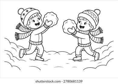 Two happy children, bundled in winter clothing and hats, joyfully engage in a playful snowball fight amidst a snowy landscape, capturing the spirit of winter fun.