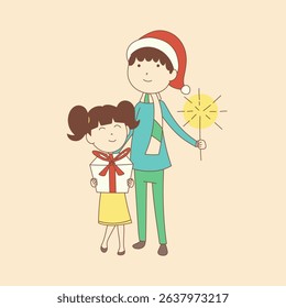 Two happy children celebrating Christmas Eve, boy and little girl front view, holding gift and fireworks