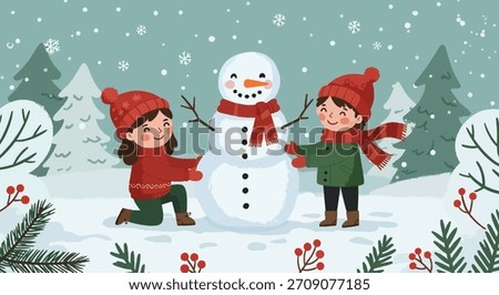 Two happy children, dressed in winter hats and scarves, are actively building a snowman in a snow-covered forest.