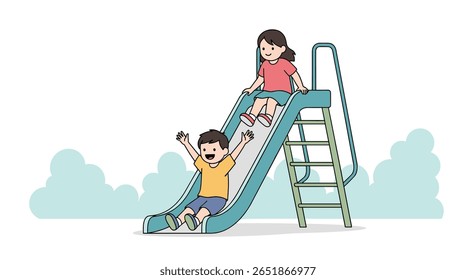 Two Happy Children Enjoying a Sunny Day Sliding Down a Bright Blue Playground Slide with Green Accents