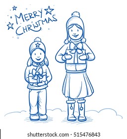 Two happy children, girls with christmas presents in their hand, wishing a merry christmas. Hand drawn cartoon doodle vector illustration.