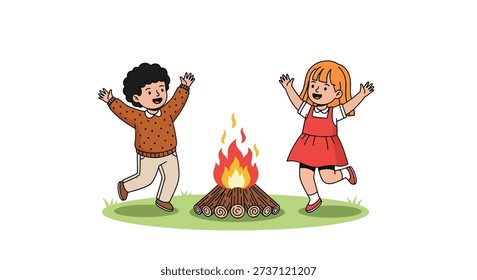 Two happy children are jumping and dancing around a warm bonfire in a grassy field.