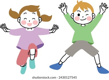 Two happy children jumping isolated on white background.