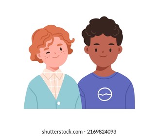 Dos niños felices. Pareja infantil, retrato facial. Amigos sonrientes de diferentes razas. Estudiantes interraciales, compañeros de clase juntos. Ilustración vectorial plana aislada en fondo blanco