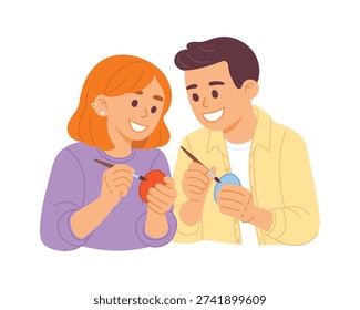 Two happy children painting Easter eggs together. Cute spring holiday activity illustration in flat vector style isolated on light background.