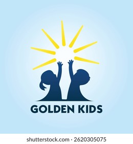 Two Happy Children Reaching for a Bright Sun Logo Design