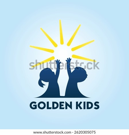 Two Happy Children Reaching for a Bright Sun Logo Design