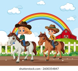 Two happy children riding horses near a farm with rainbow