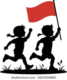 Two happy children running with red flag in playful outdoor scene