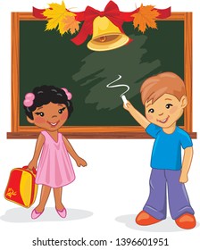 Two happy children are standing near the school board. Vector