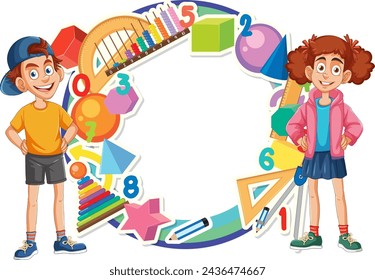 Two happy children surrounded by educational symbols