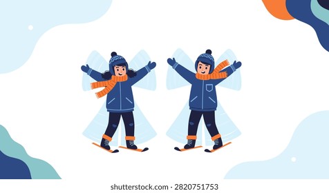 Two happy children wearing warm winter coats making snow angels on snowy ground during cold winter season vector.