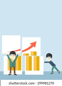 Two happy chinese businessmen are both successful in business that shows in the graph. Business growth concept. A Contemporary style with pastel palette, soft blue tinted background. Vector flat