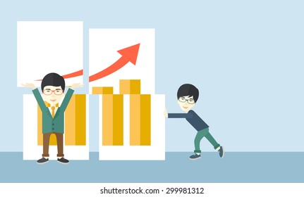 Two happy chinese businessmen are both successful in business that shows in the graph. Business growth concept. A Contemporary style with pastel palette, soft blue tinted background. Vector flat