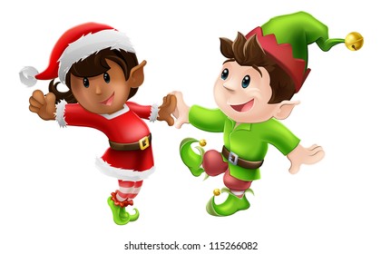 Two happy Christmas elves enjoying a Christmas dance in Santa outfit and elf clothes