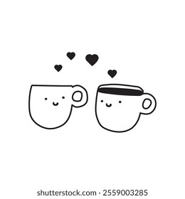 Two happy coffee cups. Romantic scene about fall in love.  Design for Valentine's day. Outline illustration on white background.