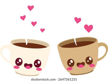 Two happy coffee mugs with steam and floating hearts, symbolizing warmth, love, and connection—ideal for romantic beverages and cute design assets.
