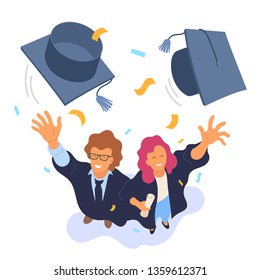 Two happy college graduates throwing academic caps vector illustration. View from above. Happy graduation. Cartoon smiling university students. Flat style. Eps 10.