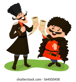 Two happy cossacks with wine horns. Vector illustration isolated on white. Cute cartoon characters in flat style