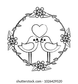 two happy cute bird in love with the heart in floral wreath
