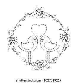 two happy cute bird in love with the heart in floral wreath