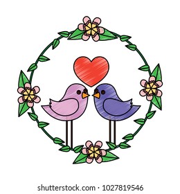 two happy cute bird in love with the heart in floral wreath