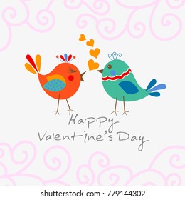 Two happy cute bird in love with the heart. Happy Valentine's day Card

