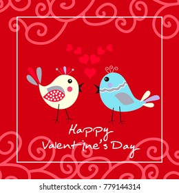 Two happy cute bird in love with the heart. Happy Valentine's day Card
