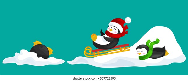 two happy cute Christmas penguin in hat and scarf sledding snow ice slides on the eve of the new year. Greeting vector illustration