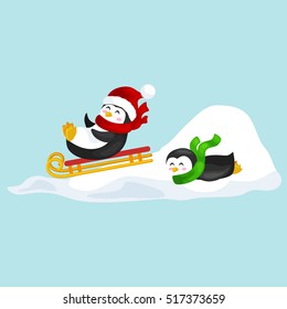 two happy cute Christmas penguin in hat and scarf sledding snow ice slides on the eve of the new year. Greeting vector illustration