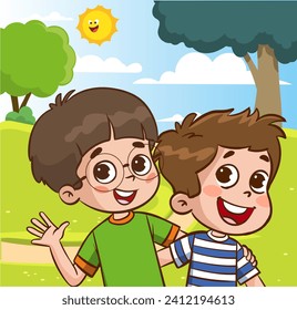Two happy cute little boys best friend hugging each others