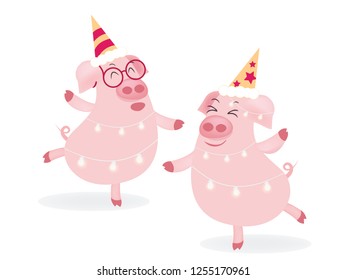 Two Happy Cute Pig Dancing Together to Celebrate New Year Holiday Party.