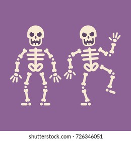 Two happy dancing skeletons. Trick or treat. Halloween character flat illustration on purple background