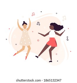 Two happy dancing women having fun. Vector illustration in a flat style