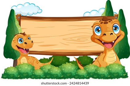 Two happy dinosaurs holding a wooden sign.