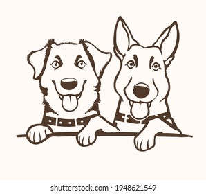 Two Happy Dog Faces Drawing Monochrome Stock Vector (Royalty Free