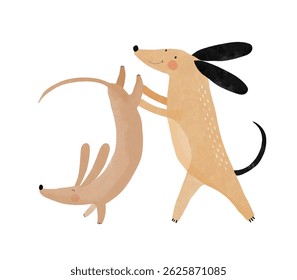 Two Happy Dogs Doing Exercises And Somersaults. Hand Drawn Vector Illustration Of Funny Puppies Playing With Each Other. Lovely Print With Dogs Ideal for Kids Room Decoration, Card,  Wall Art. RGB.