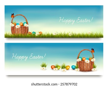 Two Happy Easter banners with easter eggs in a basket. Vector.