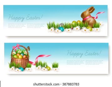 Two Happy Easter banners with eggs in a basket. Vector.