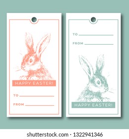 Two Happy Easter card templates with hand drawn bunny. Vector illustration.